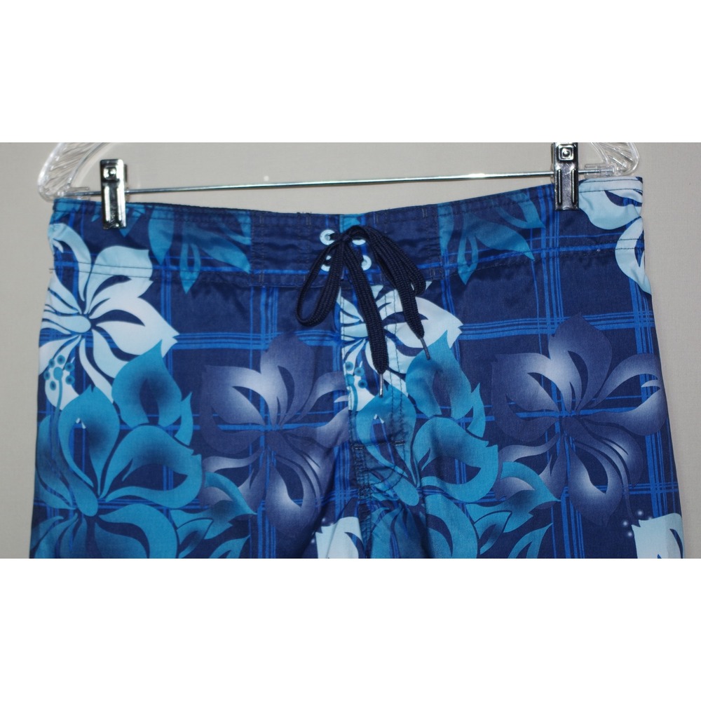 Hang Ten Men's Medium Blue Hibiscus Floral Plaid Cargo Swim Trunks Board Shorts - Picture 2 of 4